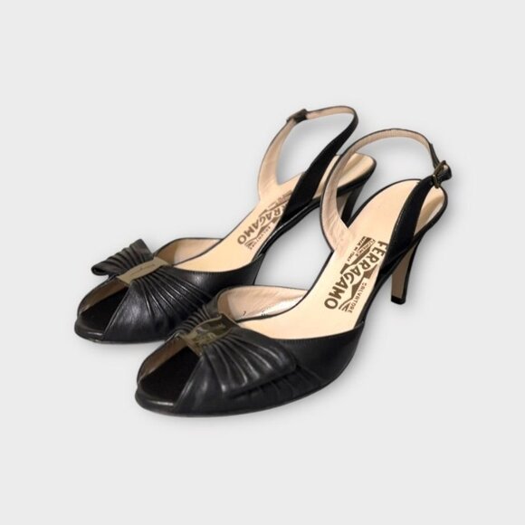 Salvatore Ferragamo Black Leather Bow Slingback Sandals 7M Peep Toe Retro Classy - Picture 11 of 11